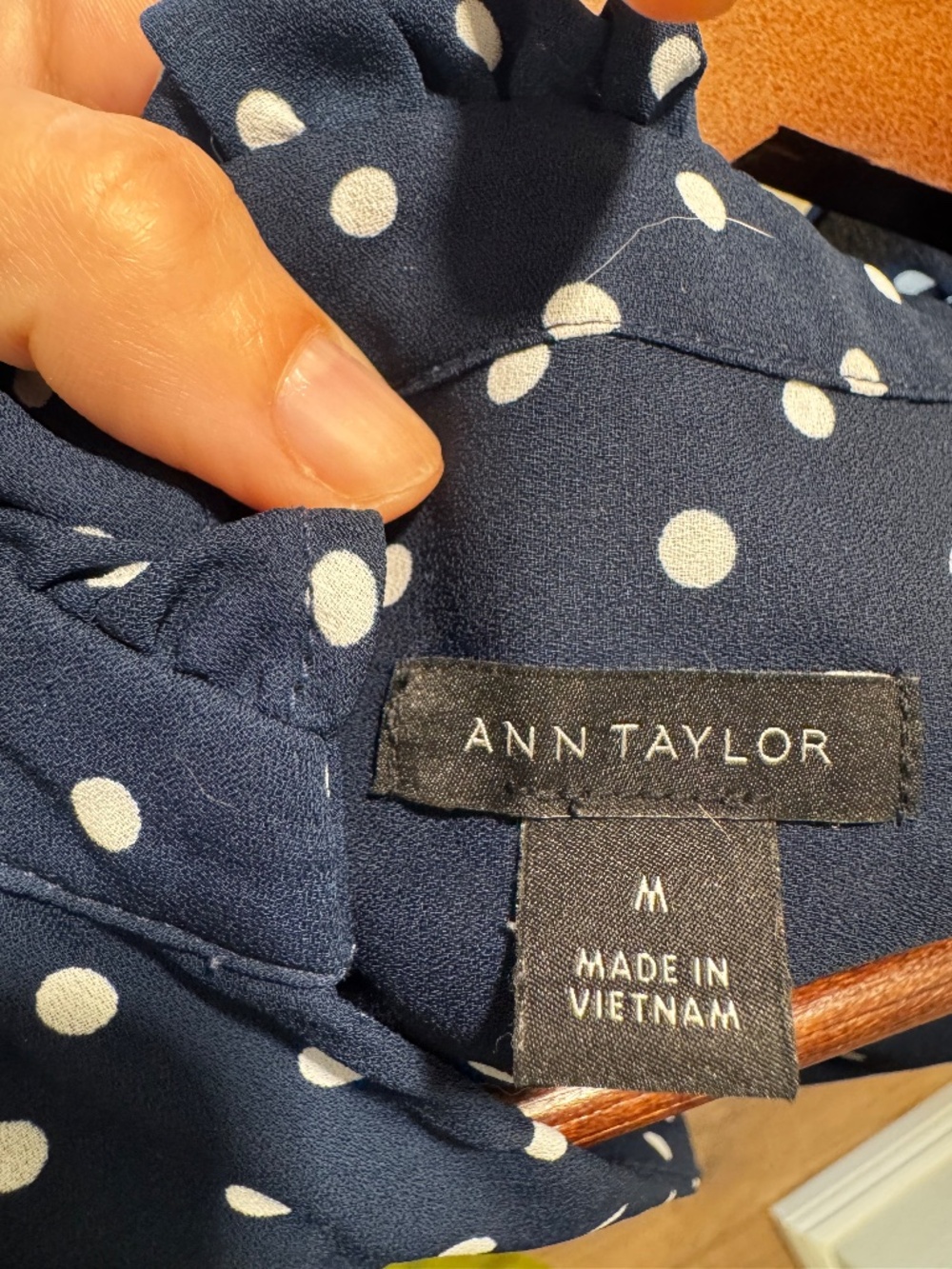 Ann Taylor Navy and White Dotted Ruffle Button Blouse - Picture 3 of 4
